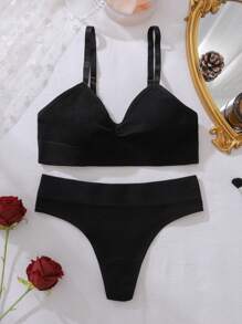 Juego de lencería sin costuras de bra y panty liso - Negro - Ver 6