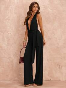 SHEIN BAE 夏季海滩度假紧身性感深 V 结假日连体裤，适合日常约会、夜间外出、夜总会、派对、聚会、鸡尾酒会、泳池派对、返校季服装、学校季节、假日服装、音乐节服装、乡村音乐节服装、音乐会服装