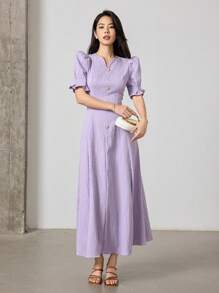 Modelyn Solid Puff Sleeve Button Front Arabian Dress Long Evening Dresses - Purple - View 4