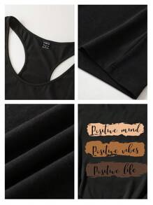 SHEIN LUNE Casual Cotton "Positive Mind, Positive Vibes, Positive Life" Graphic Tank Top For Women - Black - View 3