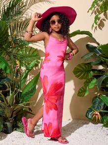 SHEIN Tween Girl Casual Vacation Cross Strap Swing Neckline, Ombre Floral Print, Snug Fit Slit Dress,Summer Dresses