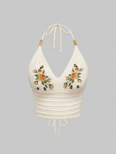Hippie Blusa de punto con lazo halter bordada con abeja y planta de rosa, para vacaciones, estilo rústico y lindo, para mujeres