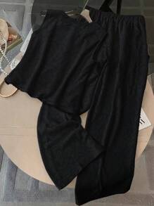 SHEIN Clasi 女装春夏新款钩花镂空针织阔腿裤套装（随机花卉图案） - 黑色 - 查看 2