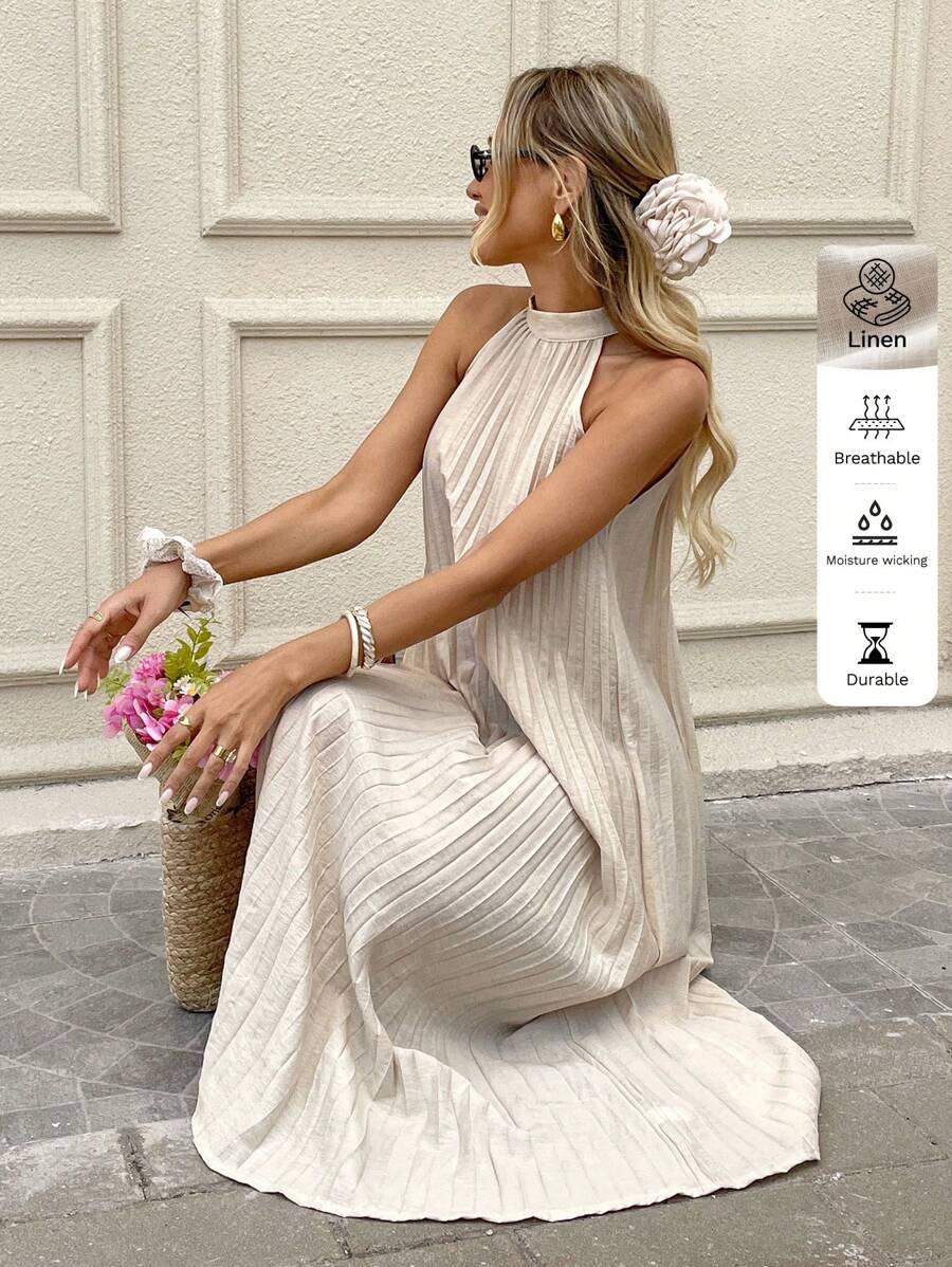SHEIN LUNE 女士服装 夏季杏色亚麻面料褶皱 A 字形无袖露背连衣裙，适合春夏季休闲办公穿着 复活节连衣裙 女士波西米亚风女装 毕业礼服 度假服装 女士节日服装 女士老钱风格 女士欧洲夏季德比连衣裙 母亲节服装 女士夏季连衣裙