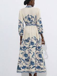 Aveloria Modichic Women's Loose V-Neck Puff Sleeve Floral Print Maxi Dress, Waist Cinched With Colorblock Floral Prints, Casual Holiday Style - Multicolor - View 2