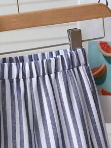 Young Girls Striped Cardigan Sleeveless Top & Striped Casual Pants Set, Suitable For Commuting And School - Blue - View 5