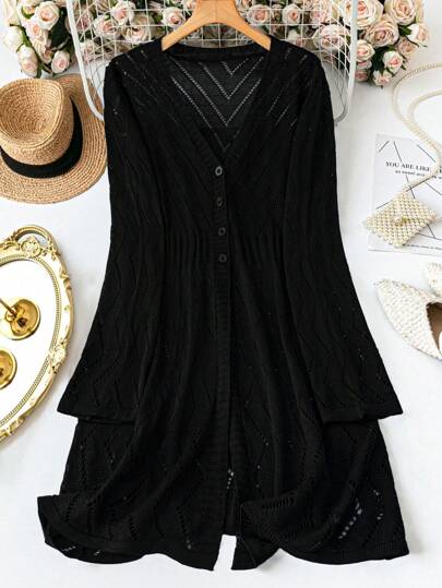 SHEIN LUNE Plus Size Hollow Out Button Down Thin Black Cardigan, Suitable For Going Out, Vacation Fall Winter Cloth For Women Autumn