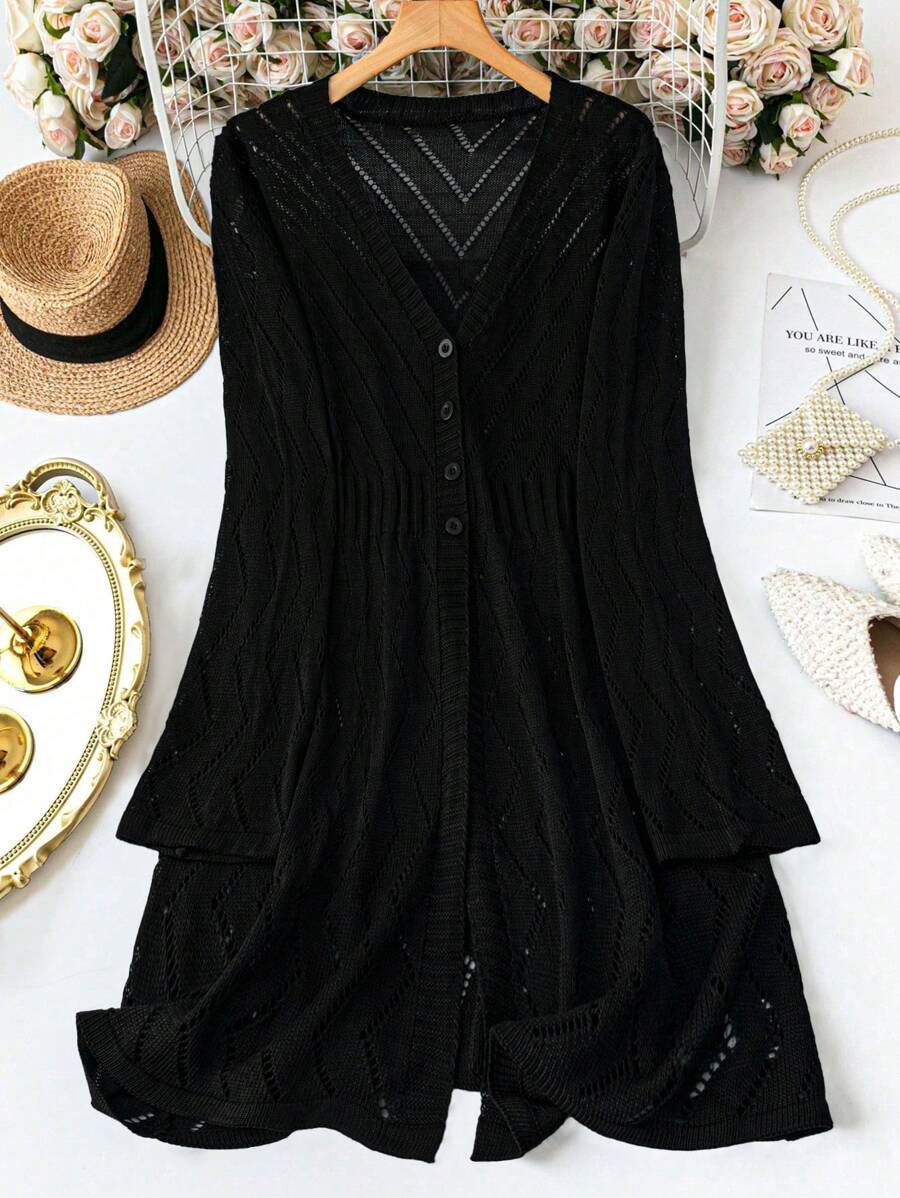 SHEIN LUNE Plus Size Hollow Out Button Down Thin Black Cardigan, Suitable For Going Out, Vacation Fall Winter Cloth For Women Autumn - Black - View 1