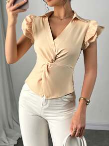 Elenzga Women's Solid Color Cap Sleeve Waist Twist Design V-Neck Blouse - Apricot - View 1