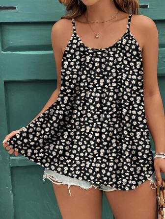 SHEIN Clasi Plus Size Daisy Flower Print Casual Elegant Camisole & Tank Top Set For Summer