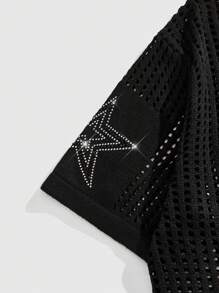 ROMWE MEN Prep Men's Jersey Fashion Rhinestone Hollow Out Knit Sweater, Summer - Black - View 3