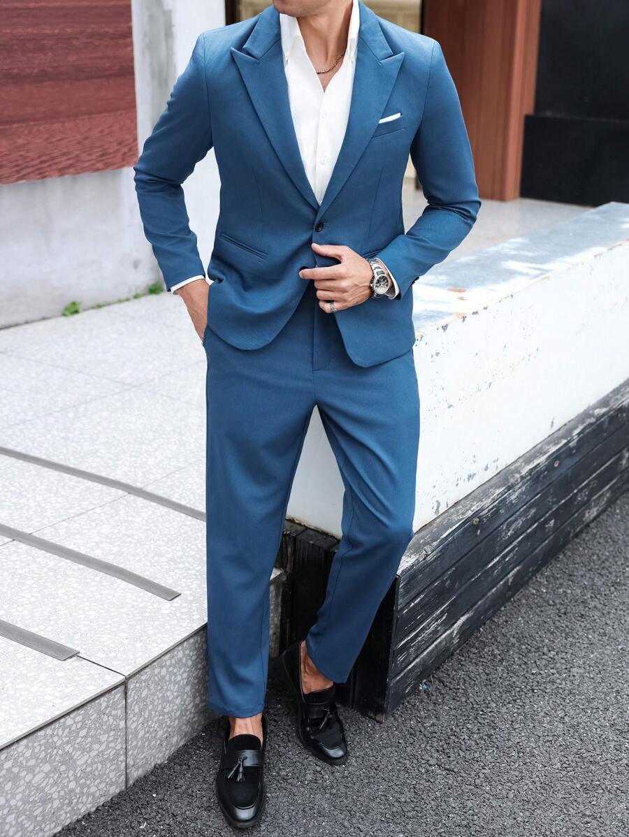 Manfinity Mode Bộ quần áo vest và áo khoác màu trơn thường ngày cho nam cỡ lớn - Màu xanh lam - Xem 1