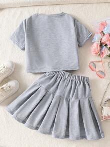Sparklyn Conjunto de camiseta con decoración de lazo y falda plisada mini con decoración de lazo para niña preadolescente - Gris - Ver 2