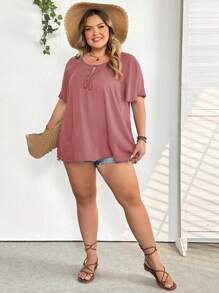 SHEIN CURVE+ Plus Size Women's Elegant Black Tie Collar Raglan Short Sleeve Loose Blousebeach Outfits For Woman/Beach Dress/Beach Vacation Outfits/Beach Essentials / Graduation/Tea Party Dresssummer/Country/Beach Vacation Outfits/Beach Outfits/Beach Wear