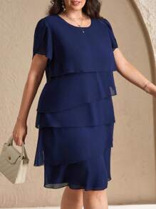 Chikora Plus Size Elegant And Romantic Multi-Layered Ruffled Chiffon Dress,Dark Blue,Mother Of The Bride Dresses, Summer , Fashionable For Summer