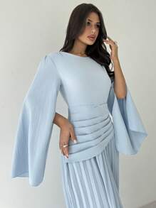 Firerie 优雅精致浪漫时尚端庄褶皱高腰超长袖蓝色A字裙女装 - 藍色 - 查看 4