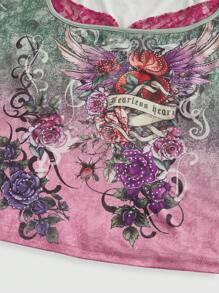 ROMWE J-Fashion Camiseta talla grande con estilo Harajuku Y2K, patchwork de alas de rosa y contraste de colores