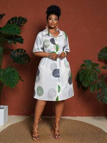 Maweii 大码女式圆形印花 A 字连衣裙，休闲短袖褶饰前开衫连衣裙 - 彩色 - 查看 5