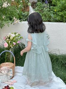 DAZY Toddler Girls' Round Neck Tulle Party Dress, Cute Texture Lace Patchwork Formal Outfit