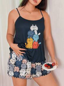 Dream Adore Plus Size Colorful Cat Print Cami & Shorts Pajama Set
