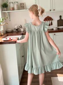 LMoss Kids LMoss Tween Girl 纯色刺绣荷叶边下摆休闲连衣裙