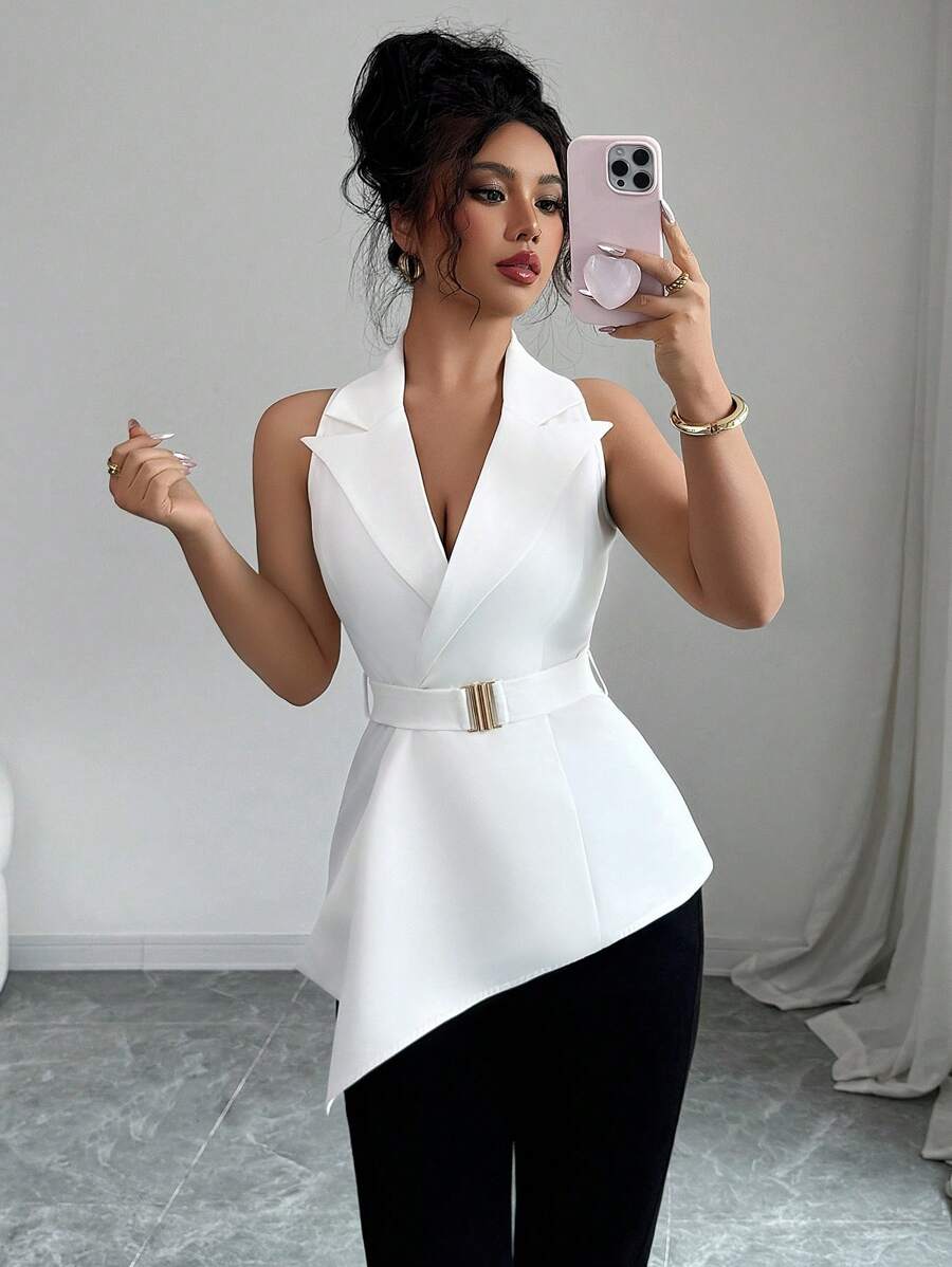 Elenzga Women's Fashionable Asymmetric Hem Sleeveless Thin Suit Jacket, Summer - White - View 1