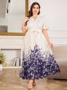 Modelyn Plus Size Women Elegant Printed Waist-Cinched Flare Dress