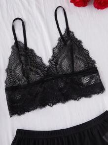 SilkySpell Lace Trim Mesh Slip Short & Robe Set