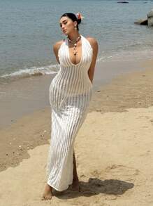 Flirla Plus Size Women's Tie Up V-Neck Fitted Long Dress, Sexy Summer Maxi Dress, Ibiza Outfit - White - View 4