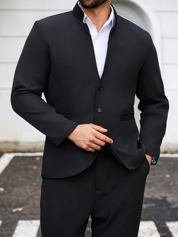 Manfinity Mode Conjunto de Blazer e Calças Sólido de Manga Longa com Abotoamento Simples, Plus Size para Homens