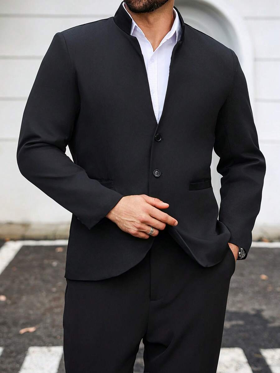 Manfinity Mode 大码男士纯色单排扣长袖夹克和裤子西装套装 - 黑色 - 查看 1
