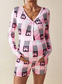 SHEIN Pregnant Women's V-Neck Bow Print Long Sleeve One-Piece Jumpsuit With Buttons - Multicolor - View 4