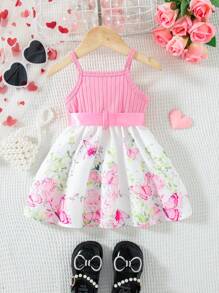 SHEIN 女宝宝夏季新款2025红色罗纹心形印花荷叶边下摆简约时尚可爱甜美吊带连衣裙 - 玫紅色 - 查看 2