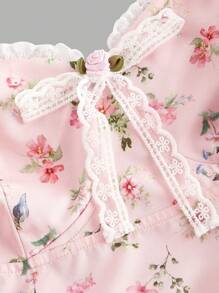 SHEIN MOD 大码粉色浪漫碎花蕾丝边摆裙 - 粉色 - 查看 3