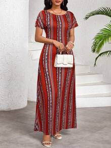 SHEIN Lady 女士度假条纹圆领短袖修身连衣裙 - 紅色 - 查看 4