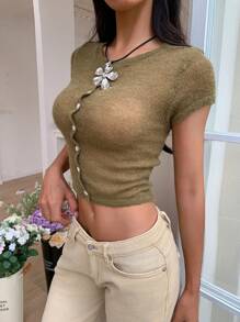 SHEIN EZwear 女式夏季纯色圆领短袖短款修身仿门襟上衣 - 軍綠色 - 查看 5