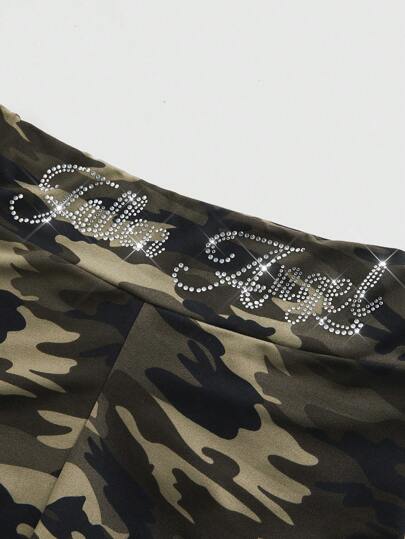 J-Fashion Y2K Style Plus Size Camouflage Ruched Skinny Rhinestone Embellished Shorts
