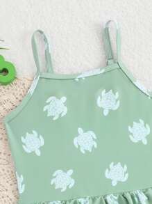 Infant/Toddler Girls' Summer Beach Vacation New Turtle Digital Print Ruched One-Piece Swimsuit Toddler Girl Beach Clothes Summer Clothes For Toddlers Summer Dresses For Toddler Girl Toddler Dresses Summer - Green - View 6