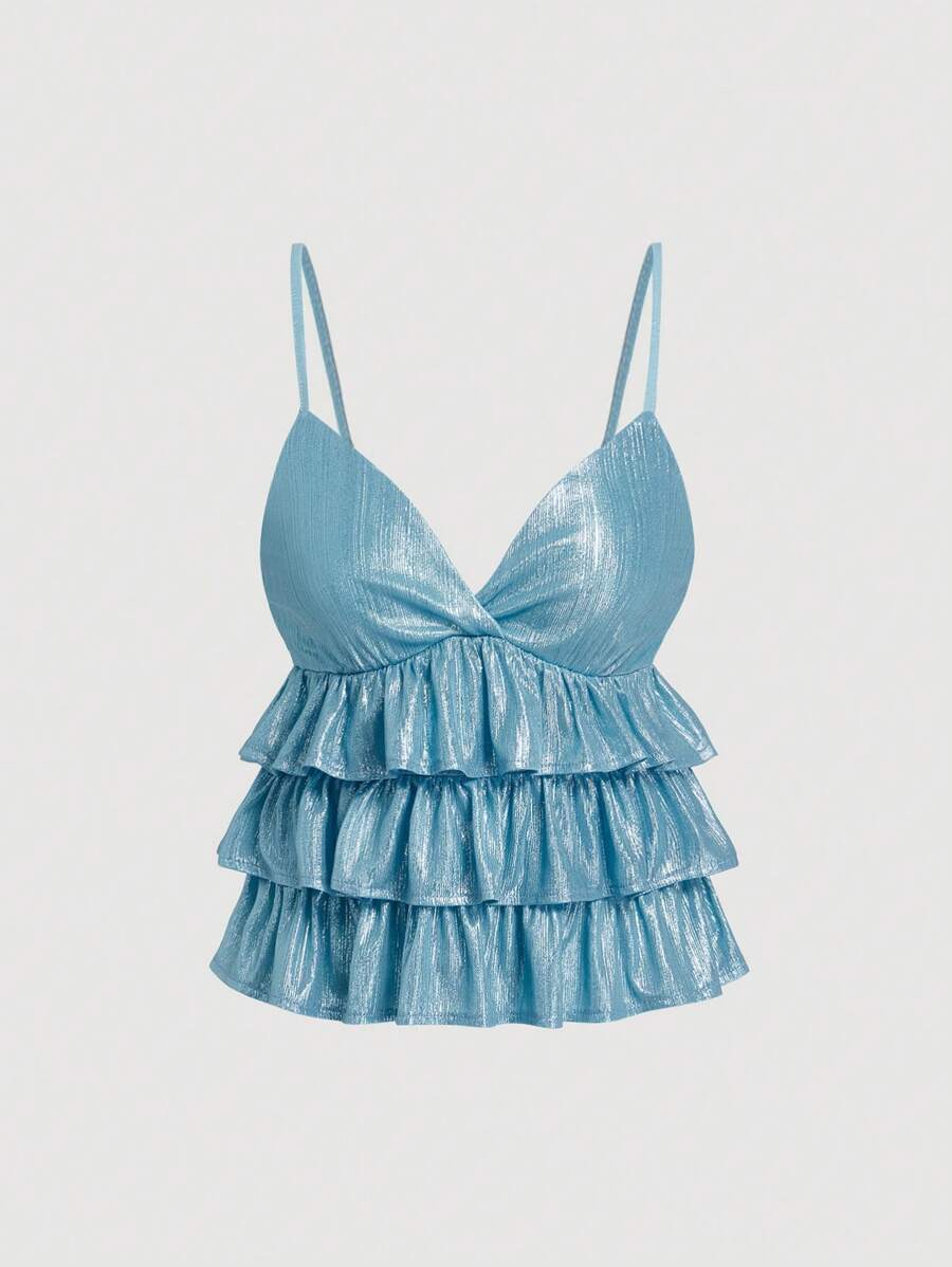 SHEIN MOD 可爱的粉色多层荷叶边背心，冬季上衣，派对上衣，上衣，新年晚会上衣，粉色荷叶边上衣，玫瑰色上衣，粉色上衣，女款 - 藍色 - 查看 1