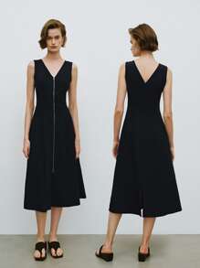 Lumivelle Slim Fit Sleeveless Zippered V-Neck Mini Dress, Casual And Fashionable For Spring/Summer - Black - View 1