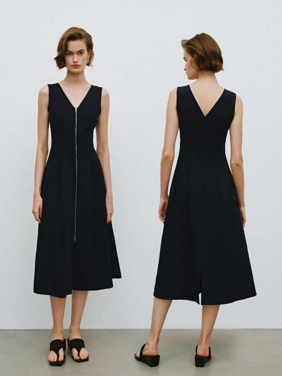 Lumivelle Slim Fit Sleeveless Zippered V-Neck Mini Dress, Casual And Fashionable For Spring/Summer - Black - View 1