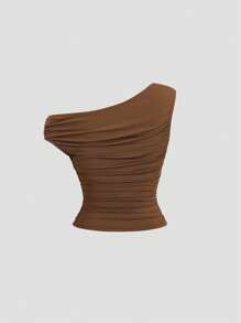 Sweetra 女士咖啡色斜肩缀饰上衣，春夏 - 咖啡棕 - 查看 2