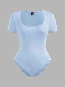 SHEIN EZwear 3pcs Set Multi-Color Square Neck Bodycon Short Sleeve Bodysuit, Suitable For Summer And Daily Wear