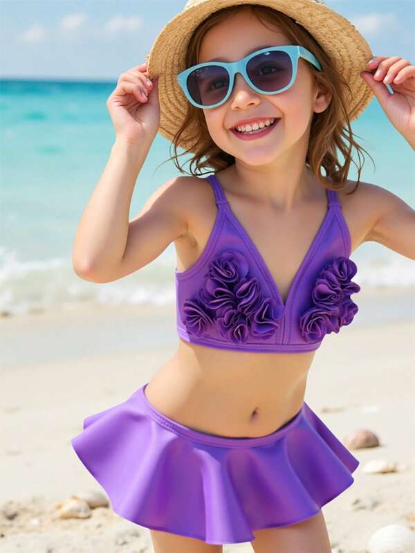 SHEIN Young Girl Floral Decorated Tank Tankini Swimsuit