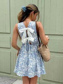 Serisse Women's Vacation Floral Print Backless Bow Sleeveless Mini Dress,Bohemian Clothes Summer Beach Holiday Resort - Blue and White - View 5