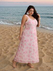 SHEIN MOD Plus Size Women's Summer Pink Ditsy Floral Lace Stitching Dress,Elegant Graduation Holiday Long Vacation White,Tropical,Beach Dress,Feminine - Pink - View 4