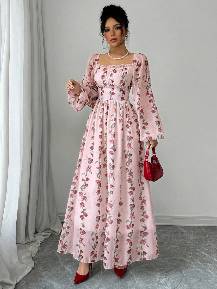 Modelyn 女式优雅竖条纹方领收腰 A 字连衣裙，春夏