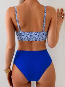 Swim Vcay 2 件套比基尼套装 - 钢圈加厚高腰泳裤和配套比基尼上衣，夏日海滩度假 - 藍白色 - 查看 2