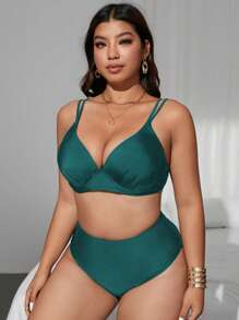 SHEIN Swim Curve 2 pezzi Costume da bagno tankini da donna taglia curvy, con coppa a triangolo imbottita e sollevante, vita alta, spalline regolabili, elegante e alla moda, stile sexy da spiaggia e vacanza
