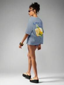 MISSGUIDED Italian Inspired Amalfi Coast Lemon Print Summer Beach Vacation Holiday Oversized Relaxed T-Shirt Mediterranean Travel Island Weekend Casual Wear - Blue - View 3